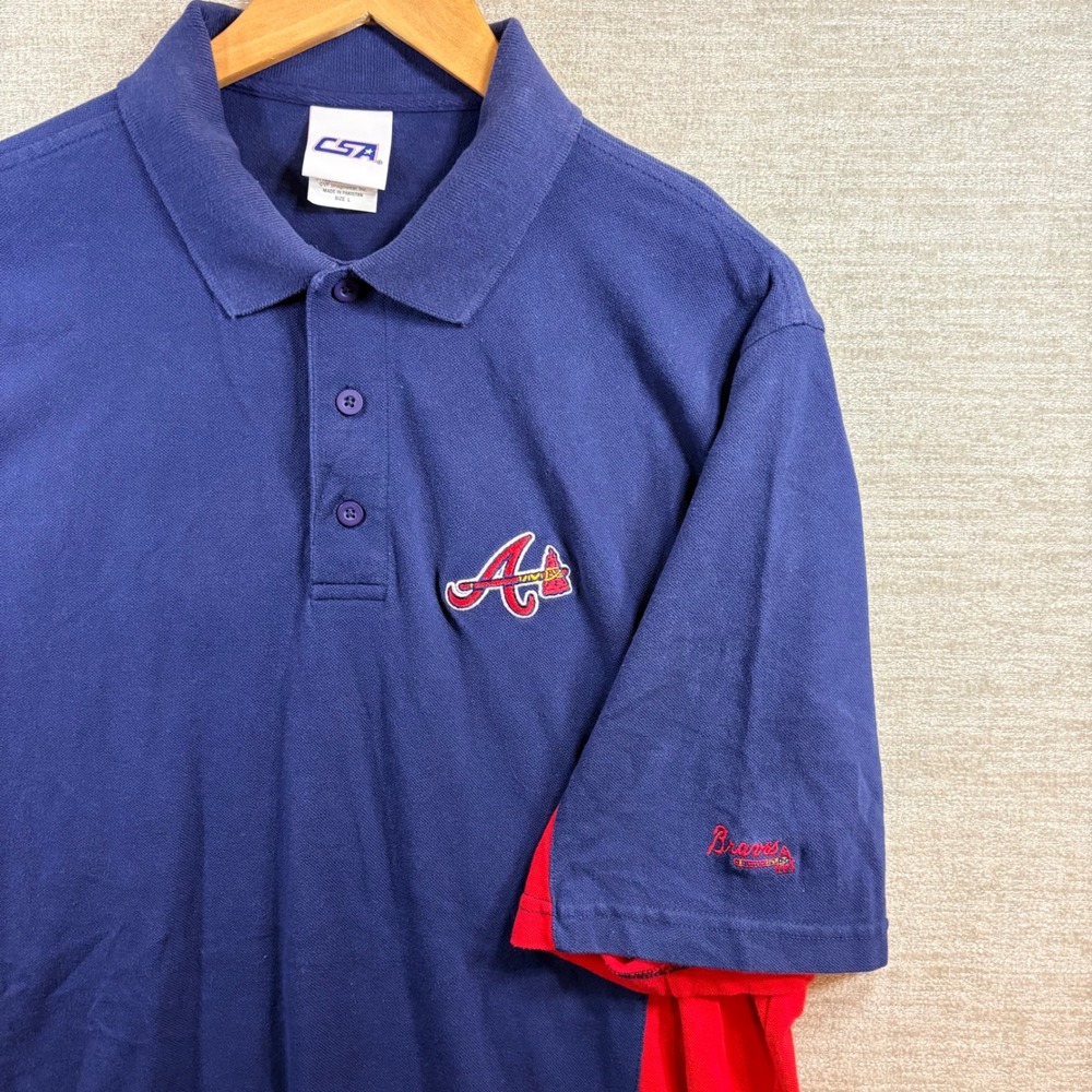 Vintage Atlanta Braves MLB Navy Red Colorblock Polo‎ Shirt Mens LG Y2K ATL Retro